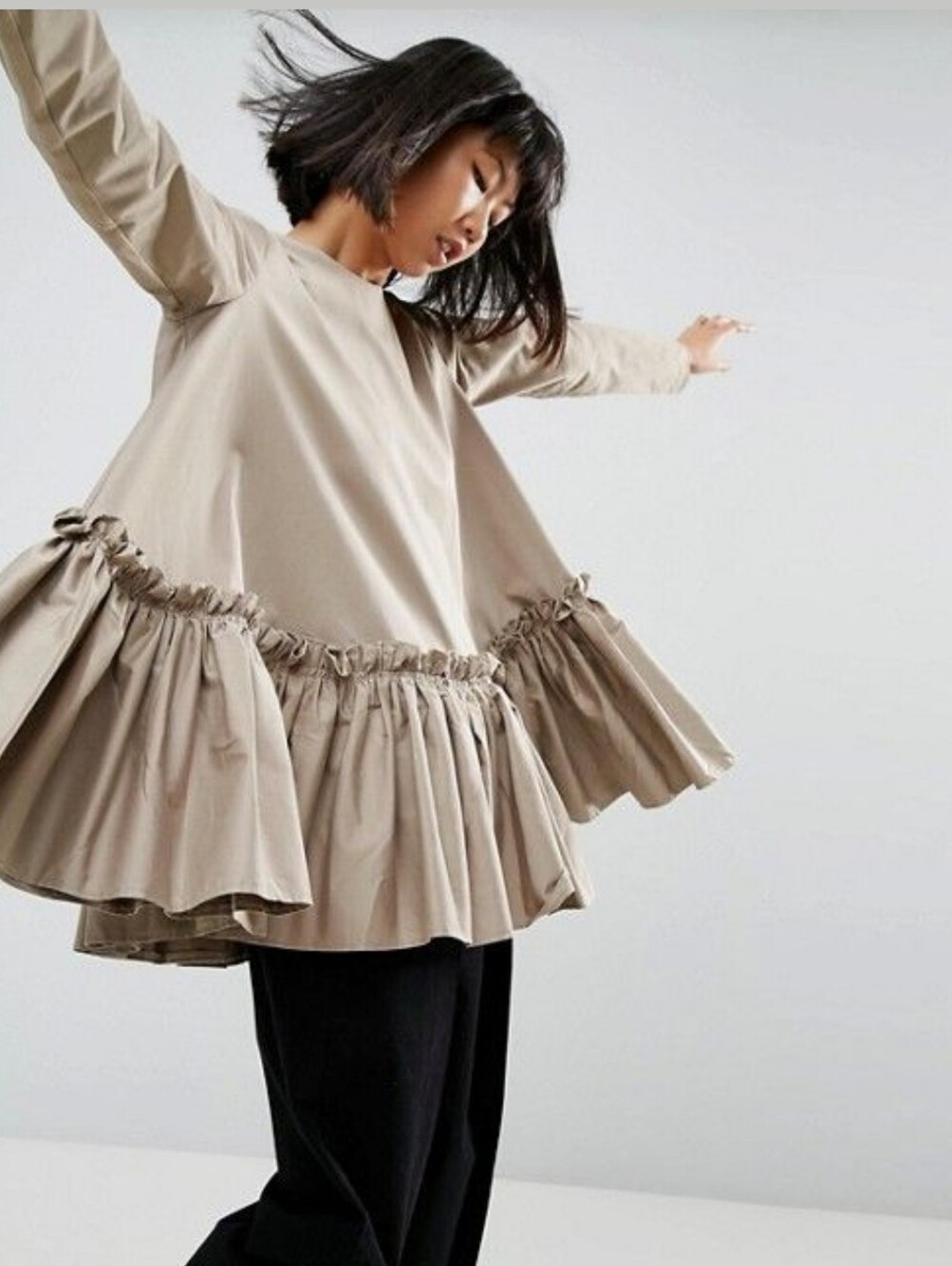 ASOS Trapeze Ruffle Tunic Babydoll Dress Khaki Tan Cotton Sz 8 (EU 40)